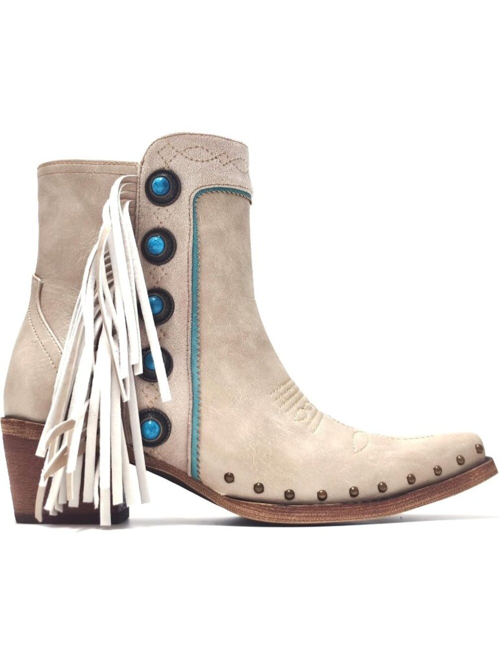 Women's Beige Fringe Classic Cushioned Insole Ankle Boots with Turquoise Stones
